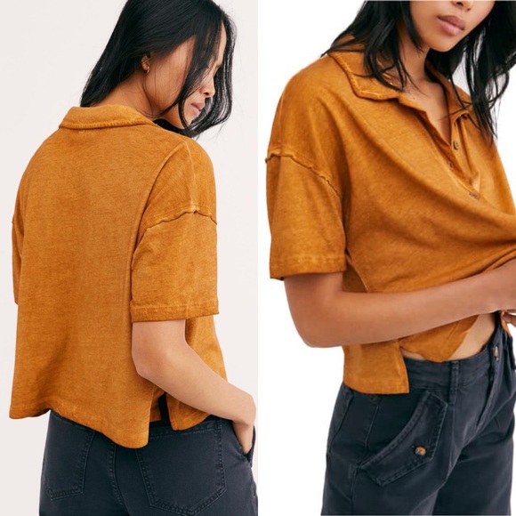 FREE PEOPLE Weekend Rush Short Sleeve Cropped Polo Top in Copper - Picture 1 of 8